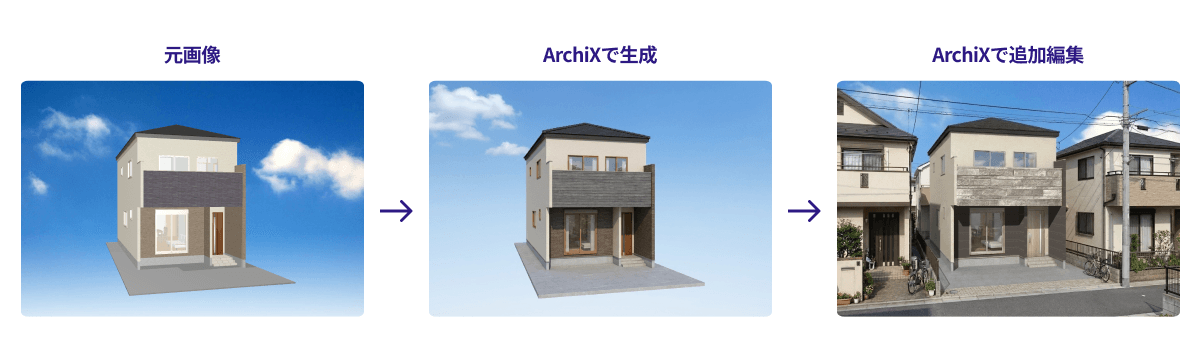 Three-stage workflow: original image, ArchiX rendering, and final edited result