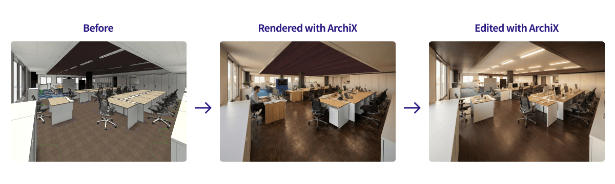 Three-stage workflow: Revit render to ArchiX rendering and partial editing