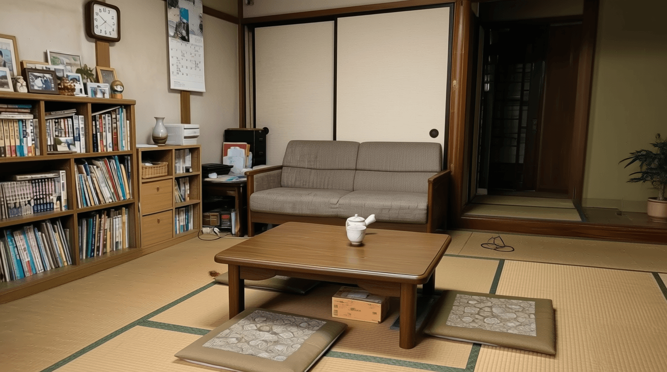 Intermediate step in ArchiX AI virtual staging showing an unstaged living room successfully reframed to face the sofa, demonstrating realistic camera rotation without structural hallucinations