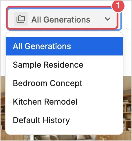 1: the All Generations menu listing All Generations and each project