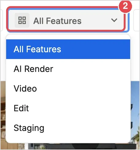 2: the All Features menu with AI Render, Video, Edit and Staging