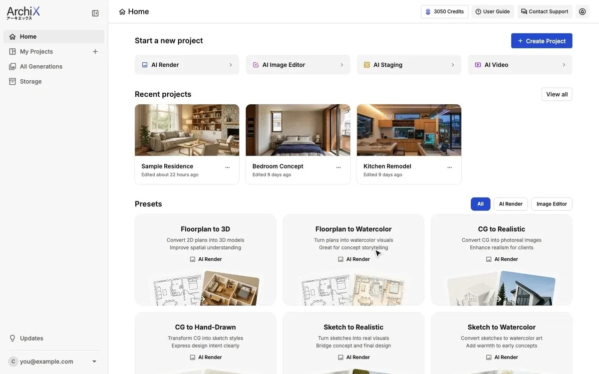 ArchiX in action: from Home, open AI Render, choose Concept Sketch, upload a pencil sketch of a living room and click Generate to get a photorealistic rendering