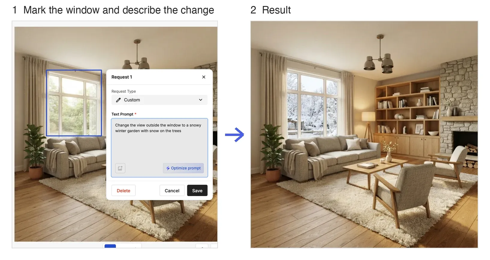 Custom: the window is marked with a text instruction, and the view outside becomes a snowy garden