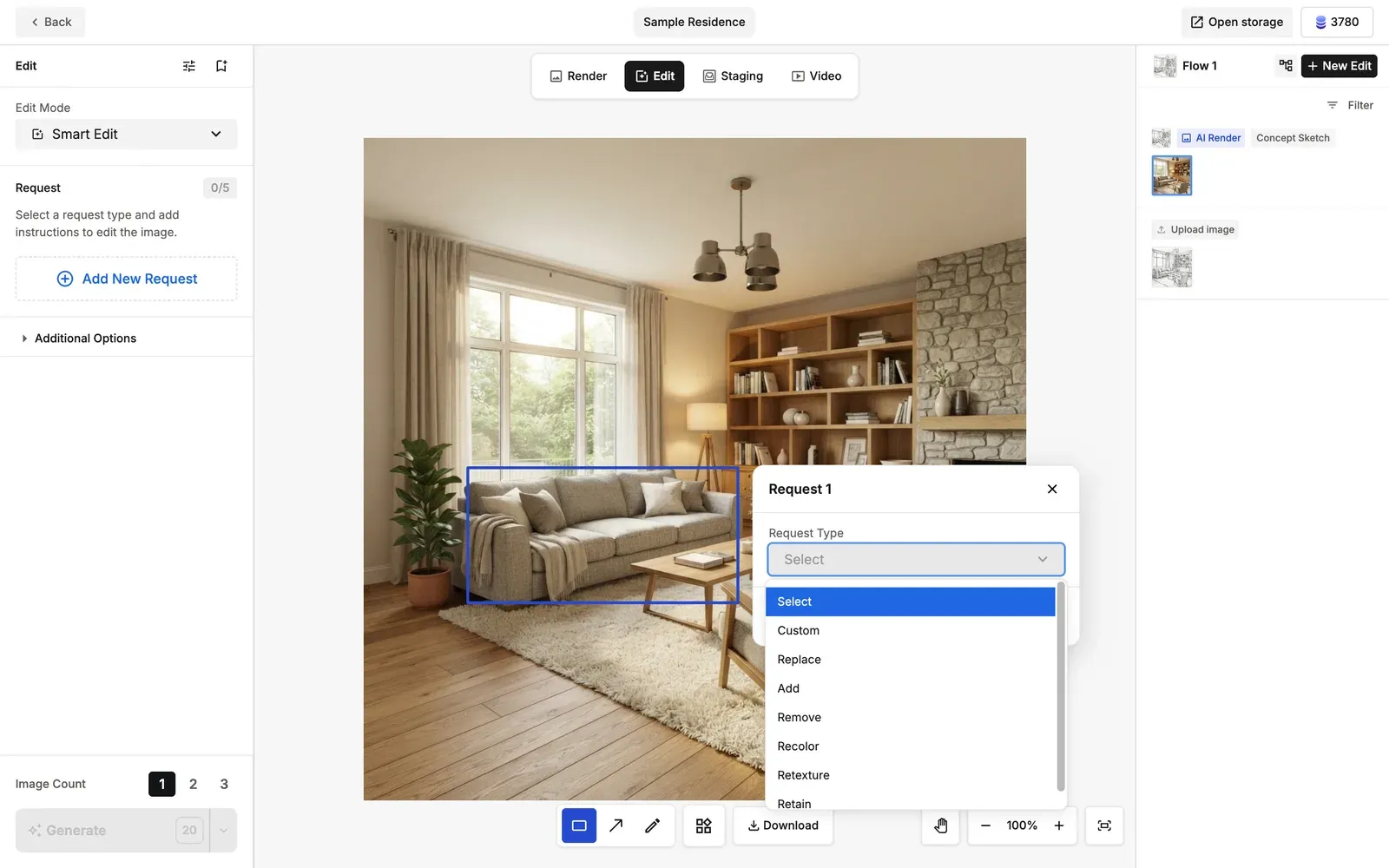 The Request Type menu in Smart Edit