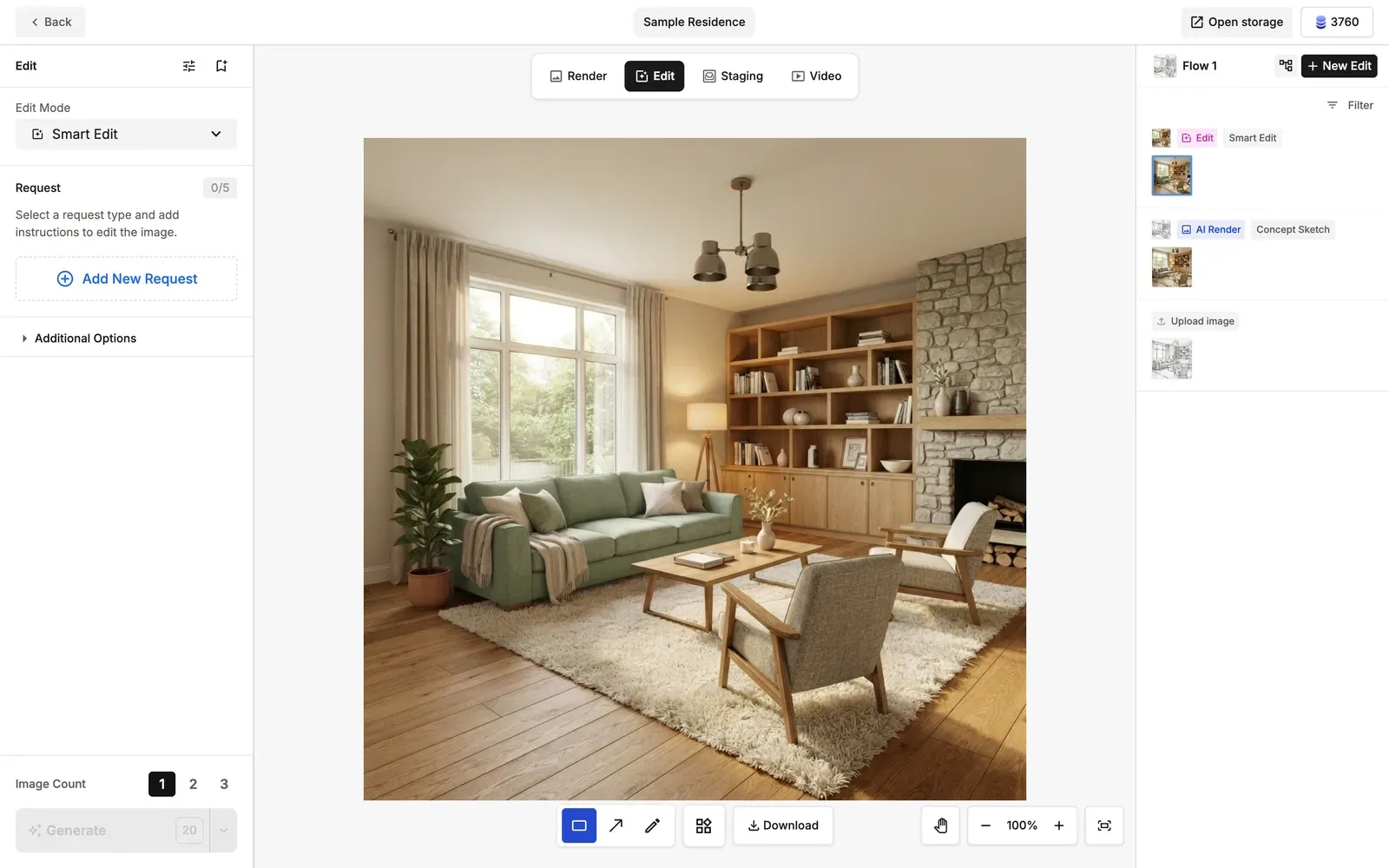 The Smart Edit result: the sofa recolored sage green