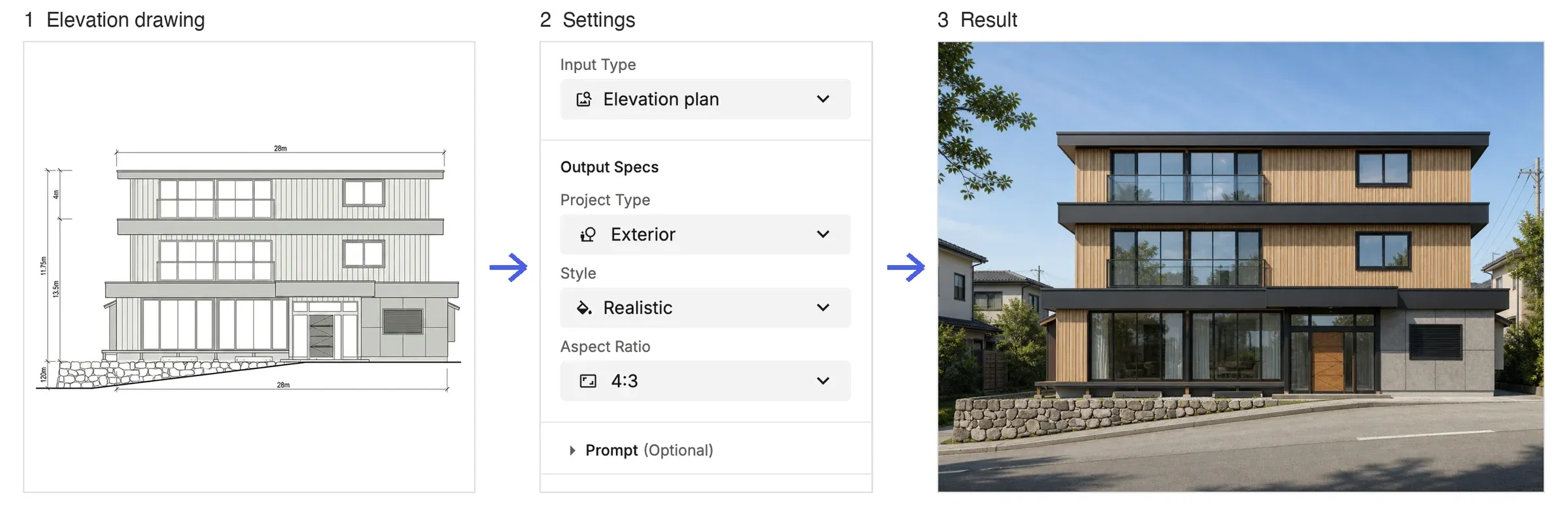 Step by step: an elevation drawing, the Elevation plan settings, and the realistic exterior rendering