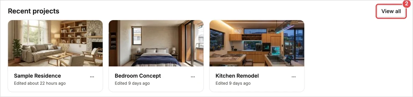 2: Recent projects and the View all button