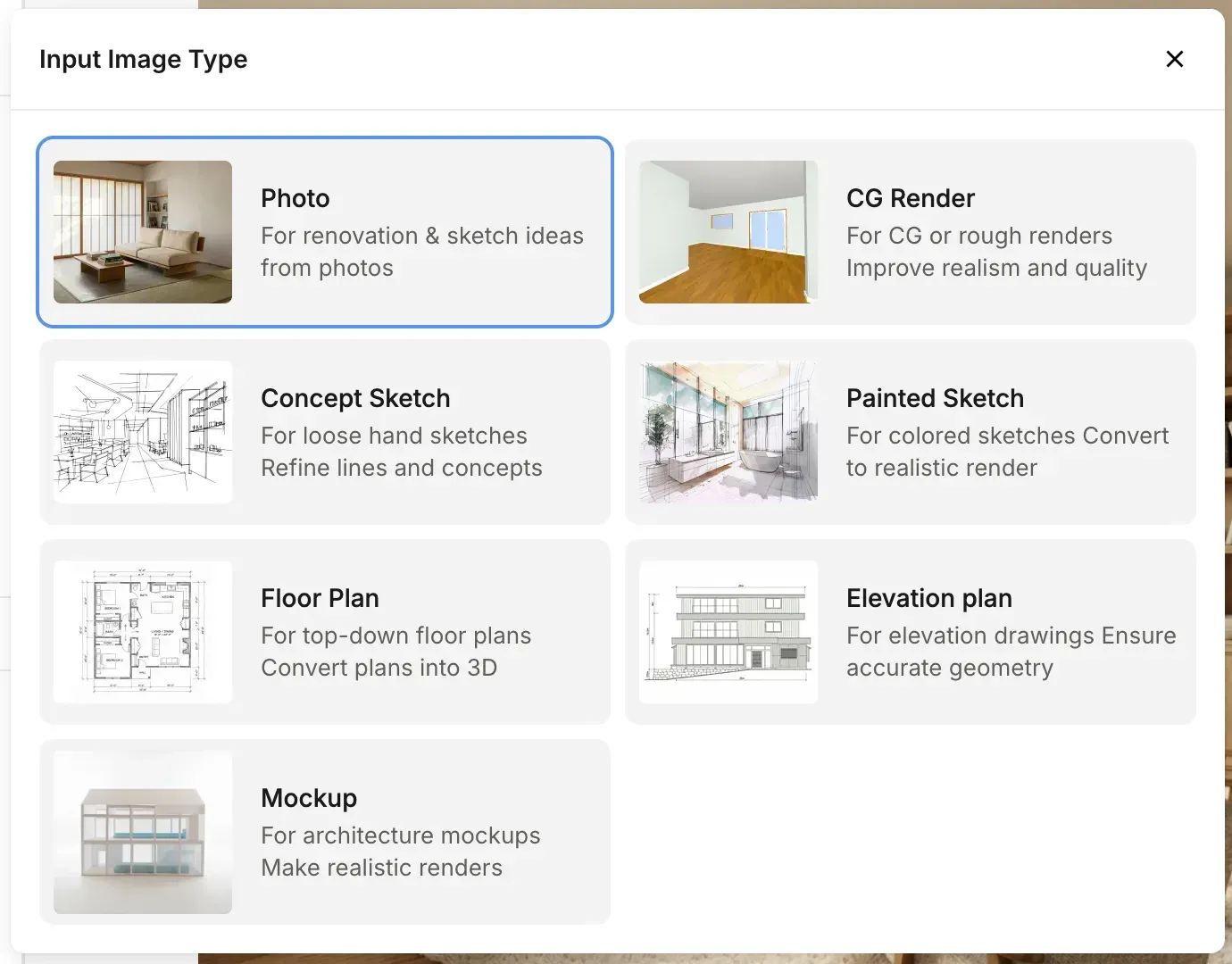 The Input Image Type picker with the 7 input types