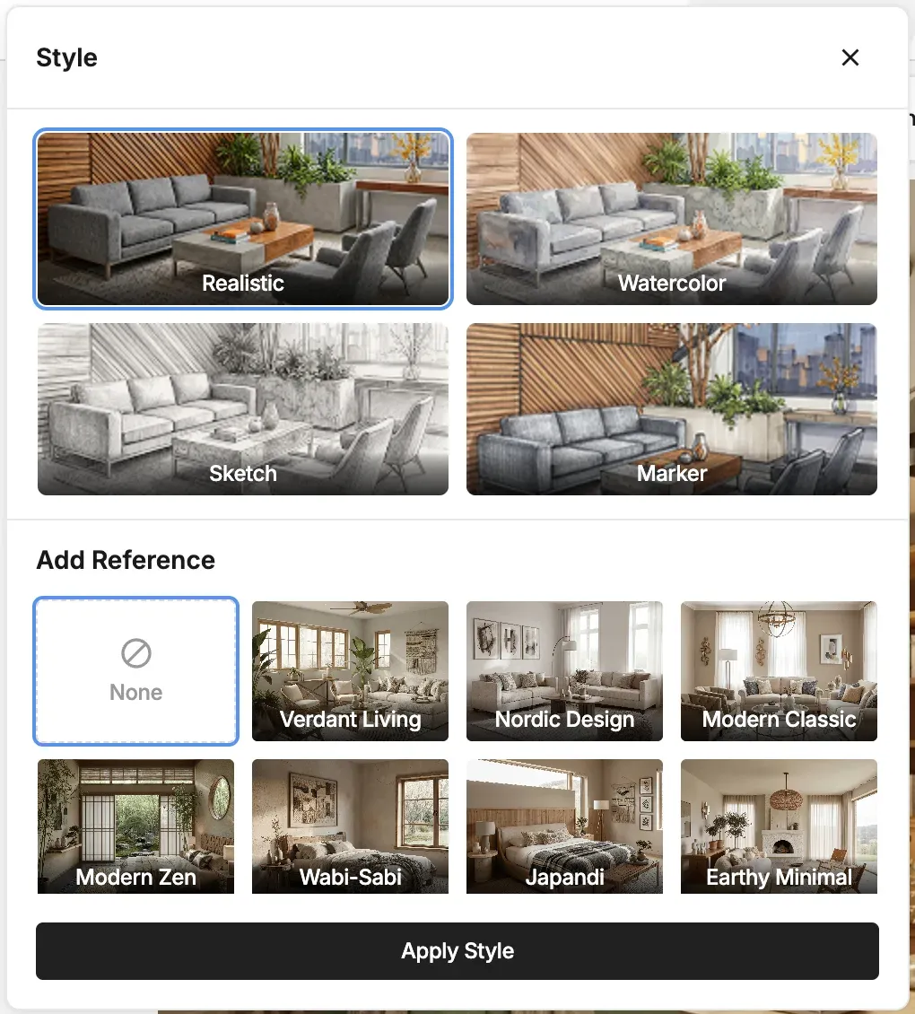 The Style picker, with style reference presets under Add Reference