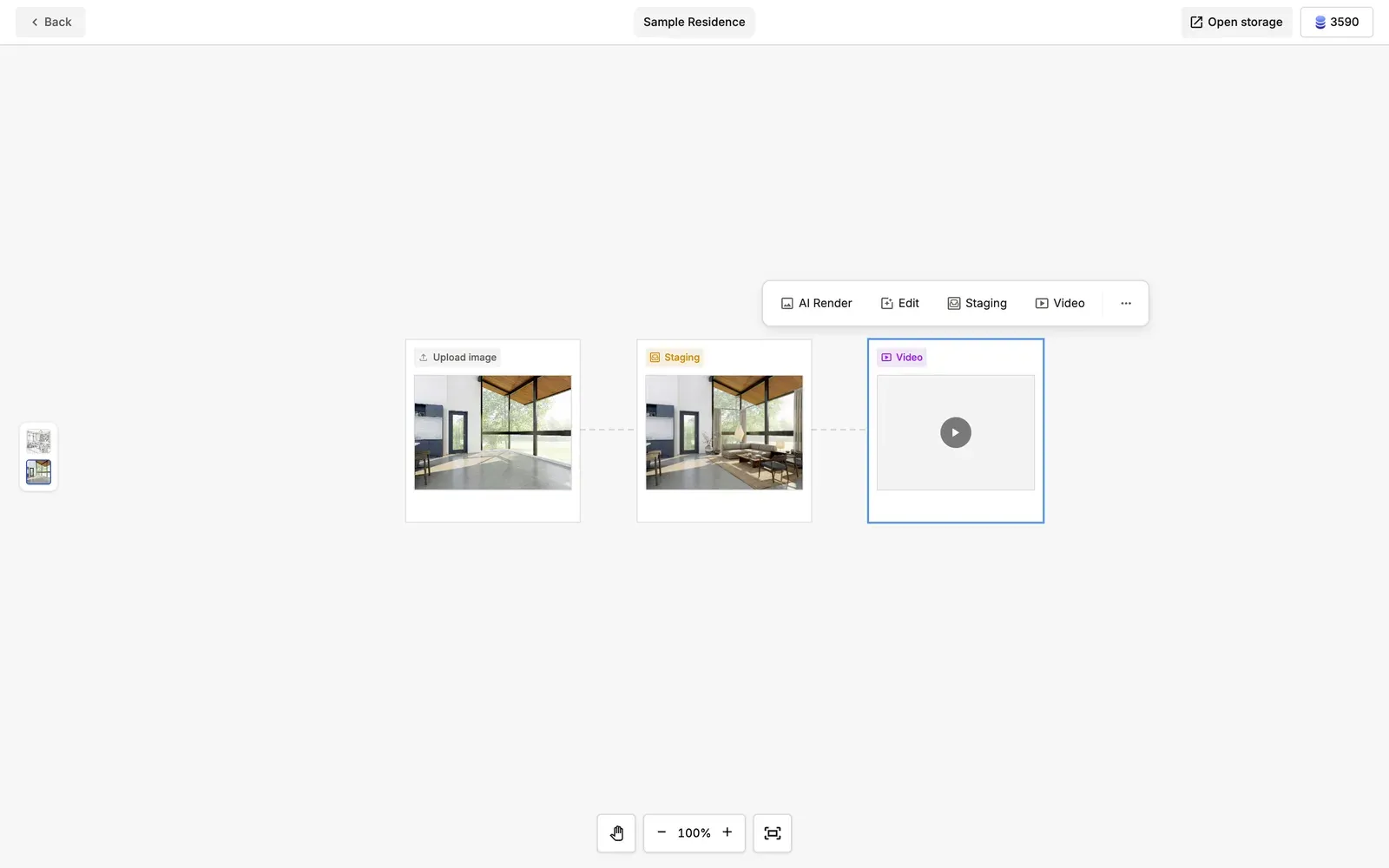 Node view showing a flow from upload to staging to video