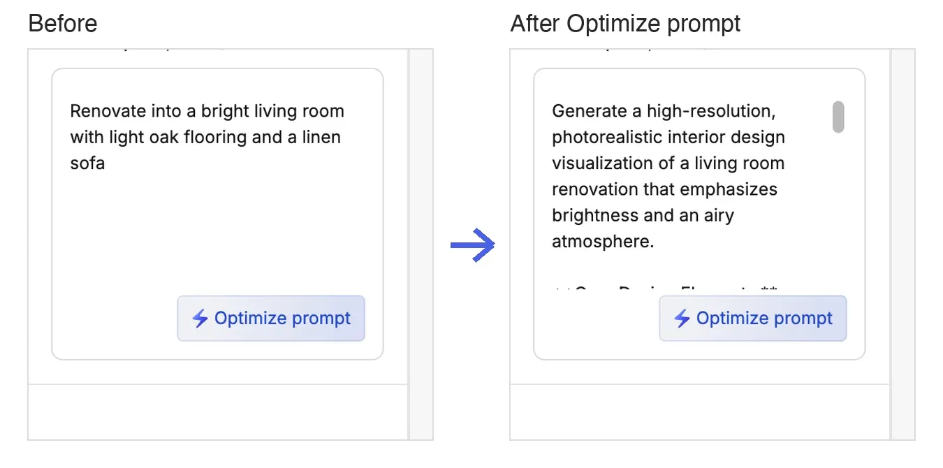 A short prompt before and after clicking Optimize prompt