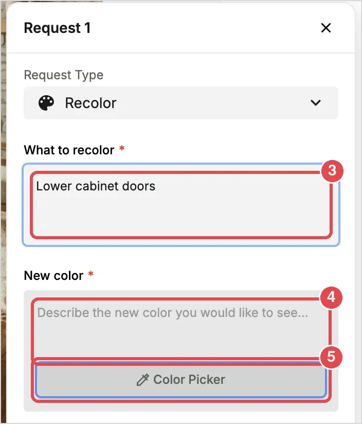 Steps 3 to 5: the What to recolor field, the New color field and the Color Picker button