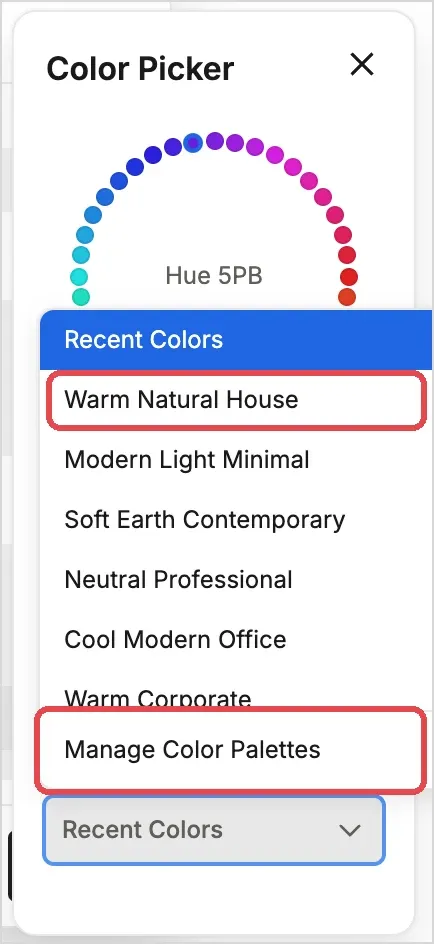 The Recent Colors menu listing saved color palettes and Manage Color Palettes