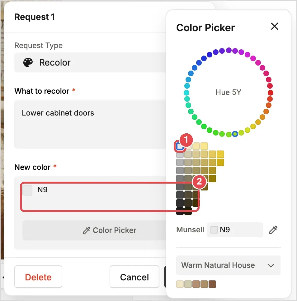 Clicking the top-left swatch enters N9 in the New color field