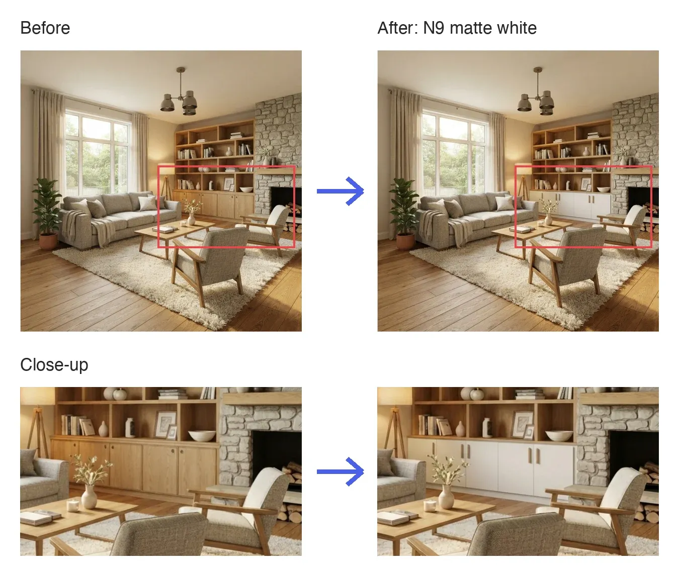 Before and after: the wooden lower cabinet doors recolored to matte white (Munsell N9), with close-ups