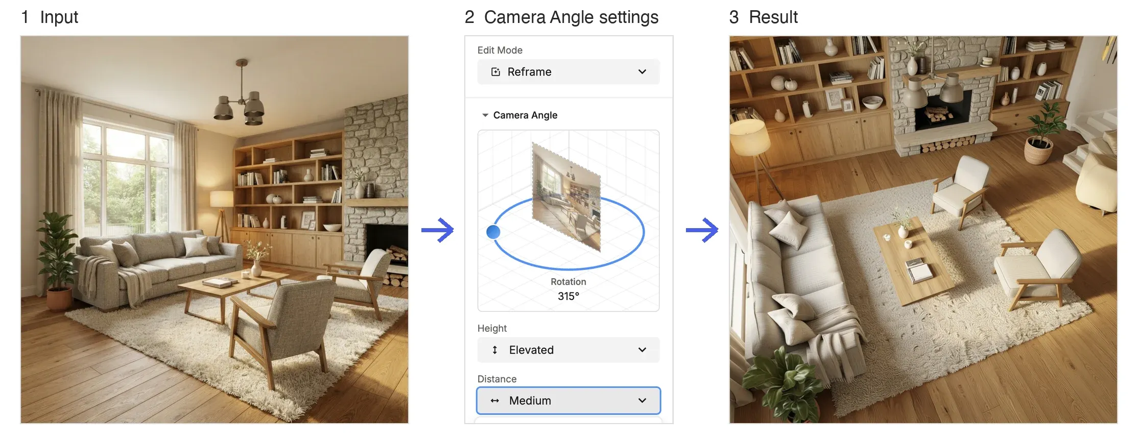 Step by step: the original image, the Camera Angle settings, and the result from a new viewpoint