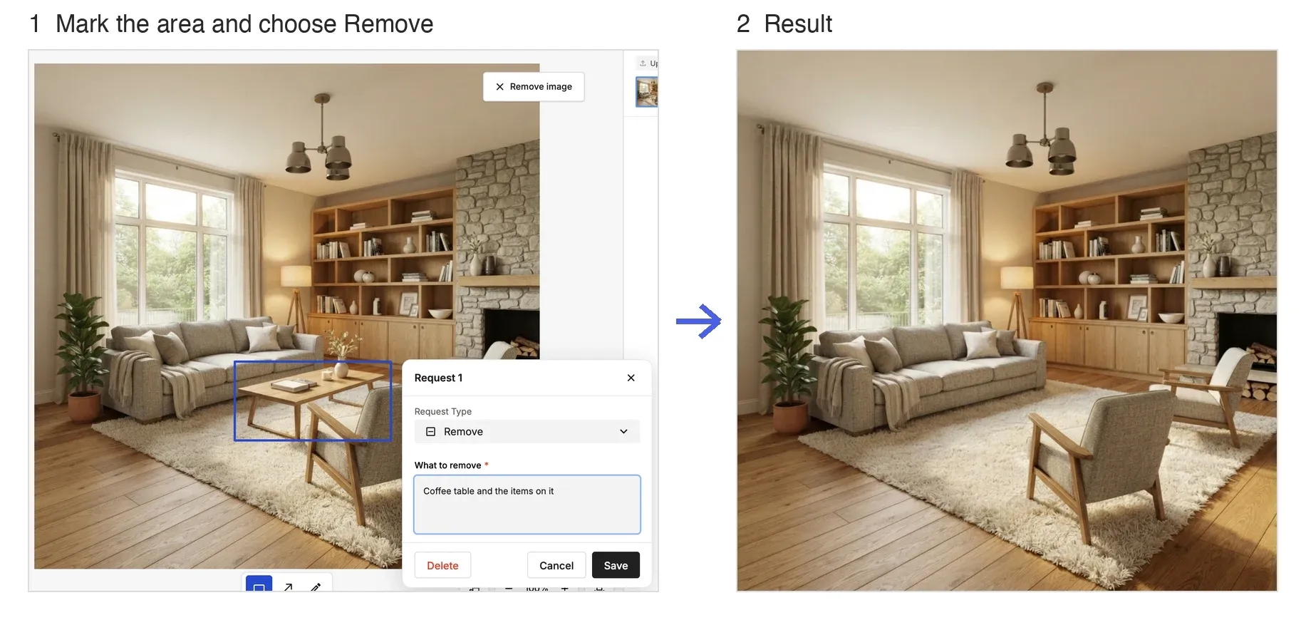 Remove: the coffee table is marked, the request is set to Remove, and the table disappears while the rug is filled in