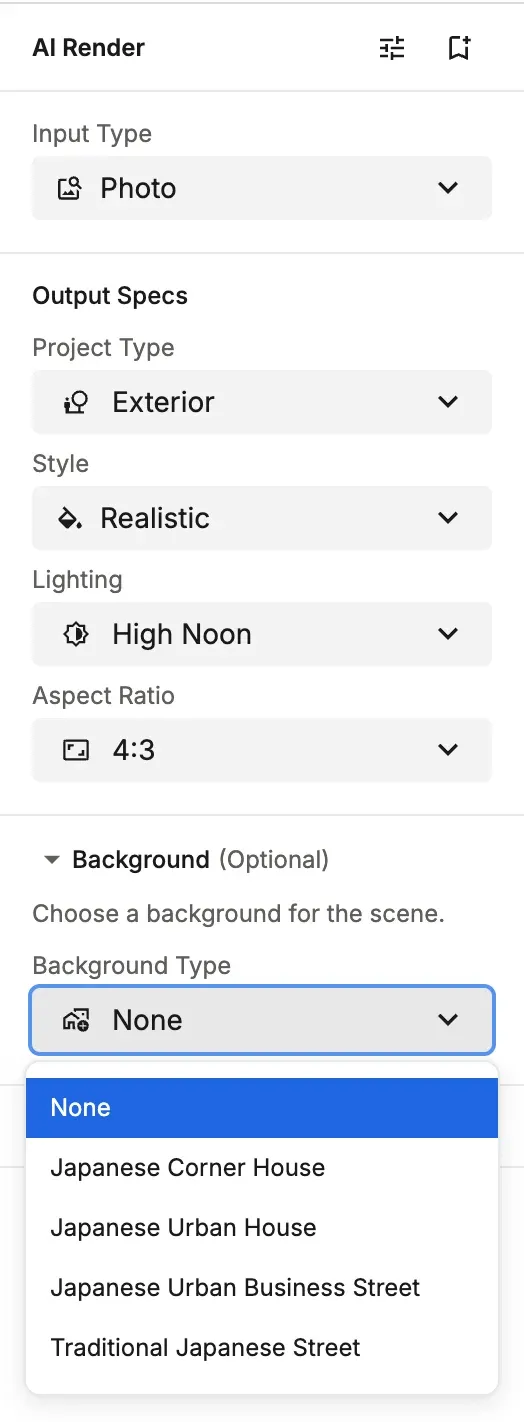 The Background Type presets that appear when the Project Type is Exterior