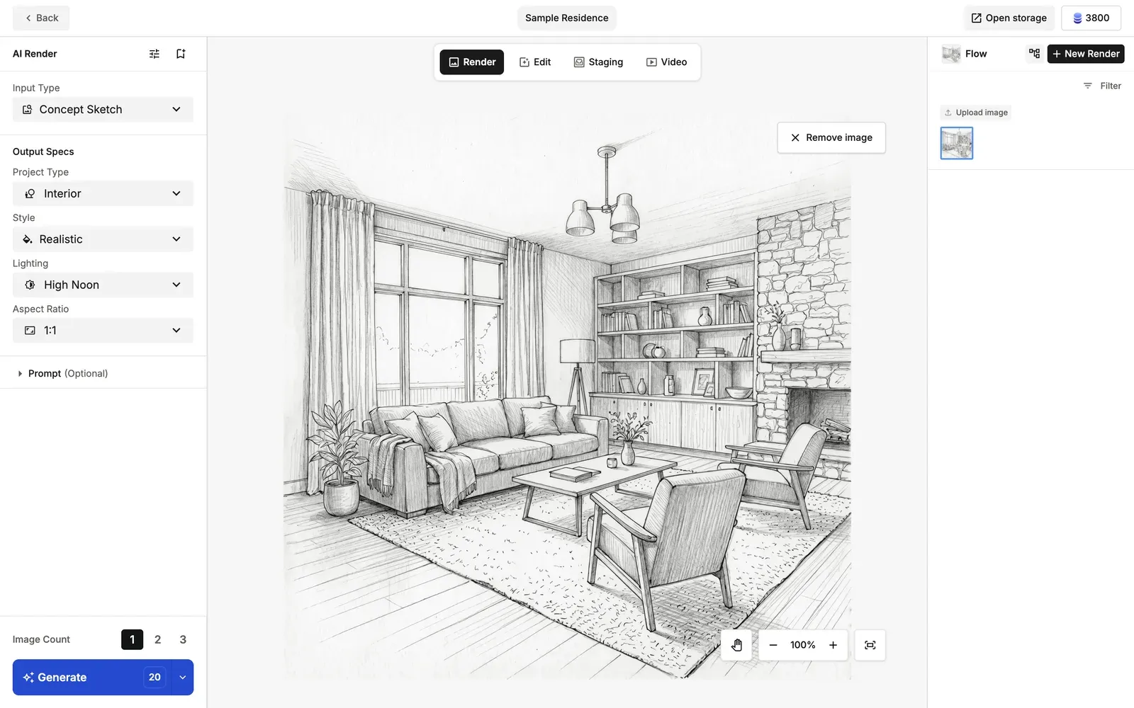 The Render tab with a sketch uploaded and the settings in the left panel