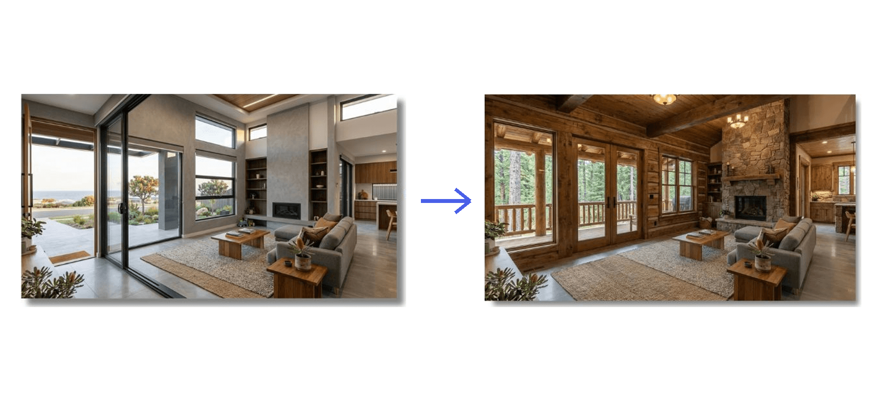 Retain: the sofa, table and rug are kept while the rest of the room changes