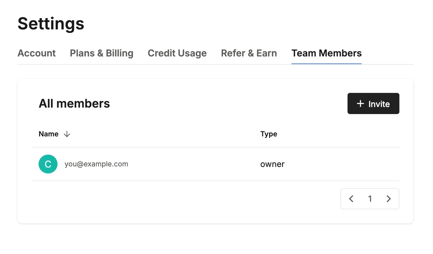 The Team Members tab with the Invite button