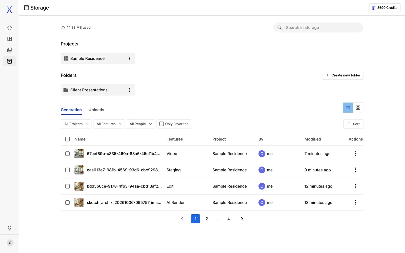 The Storage screen with projects, folders and generated files