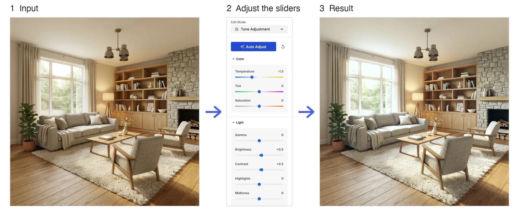 Step by step: the original image, the Tone Adjustment sliders, and the cooler, brighter result