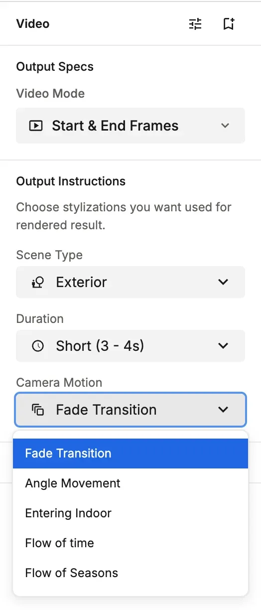 The video Output Instructions: Scene Type, Duration and the Camera Motion options
