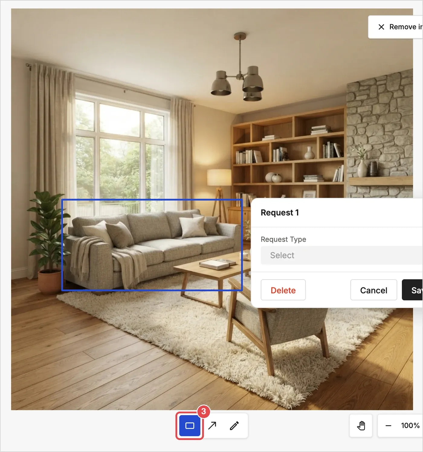 Step 3: the Rectangle tool and the marked sofa