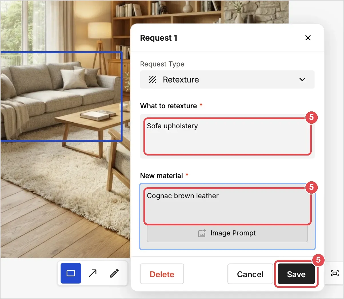 Step 5: the request fields and the Save button
