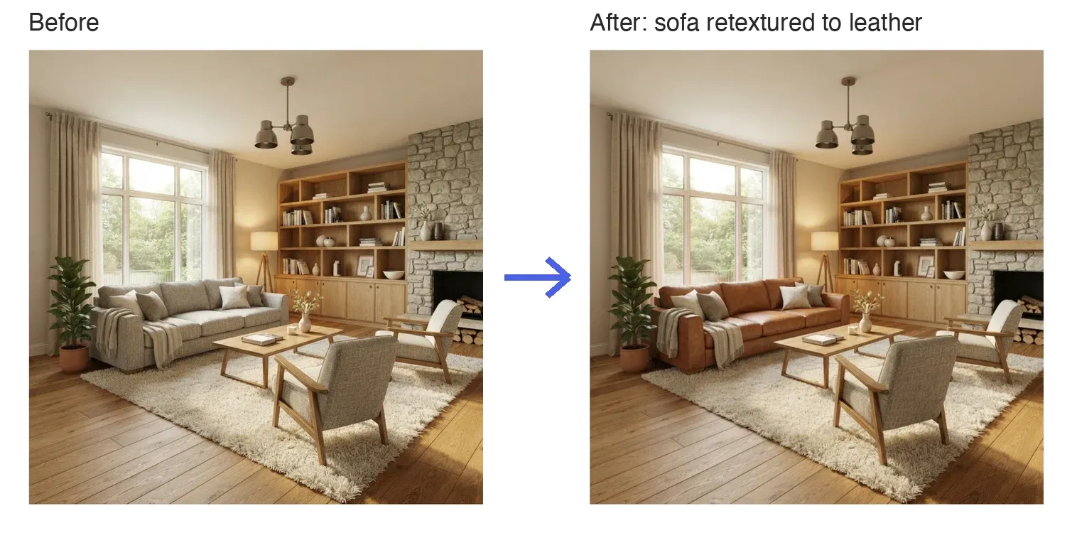 Before and after: the grey sofa retextured to cognac leather