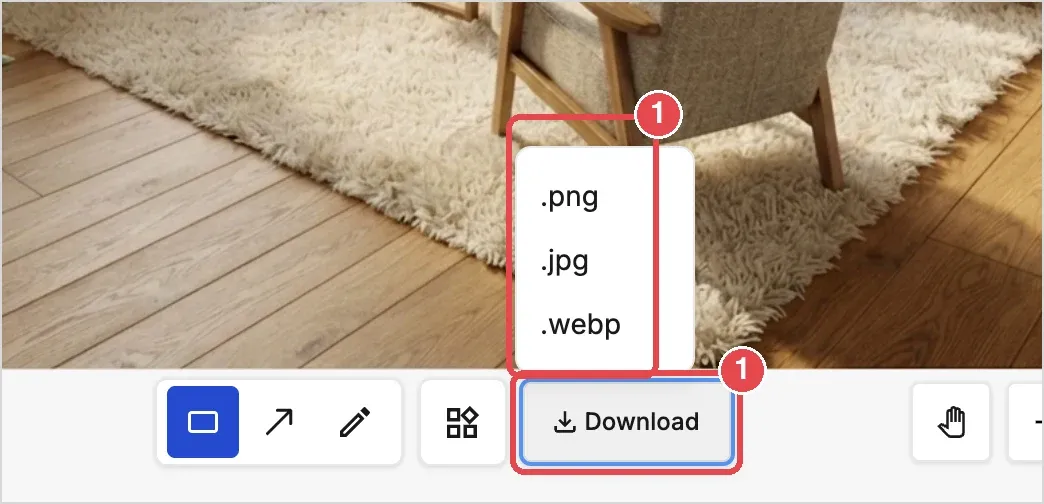 The Download menu with the .png, .jpg and .webp formats