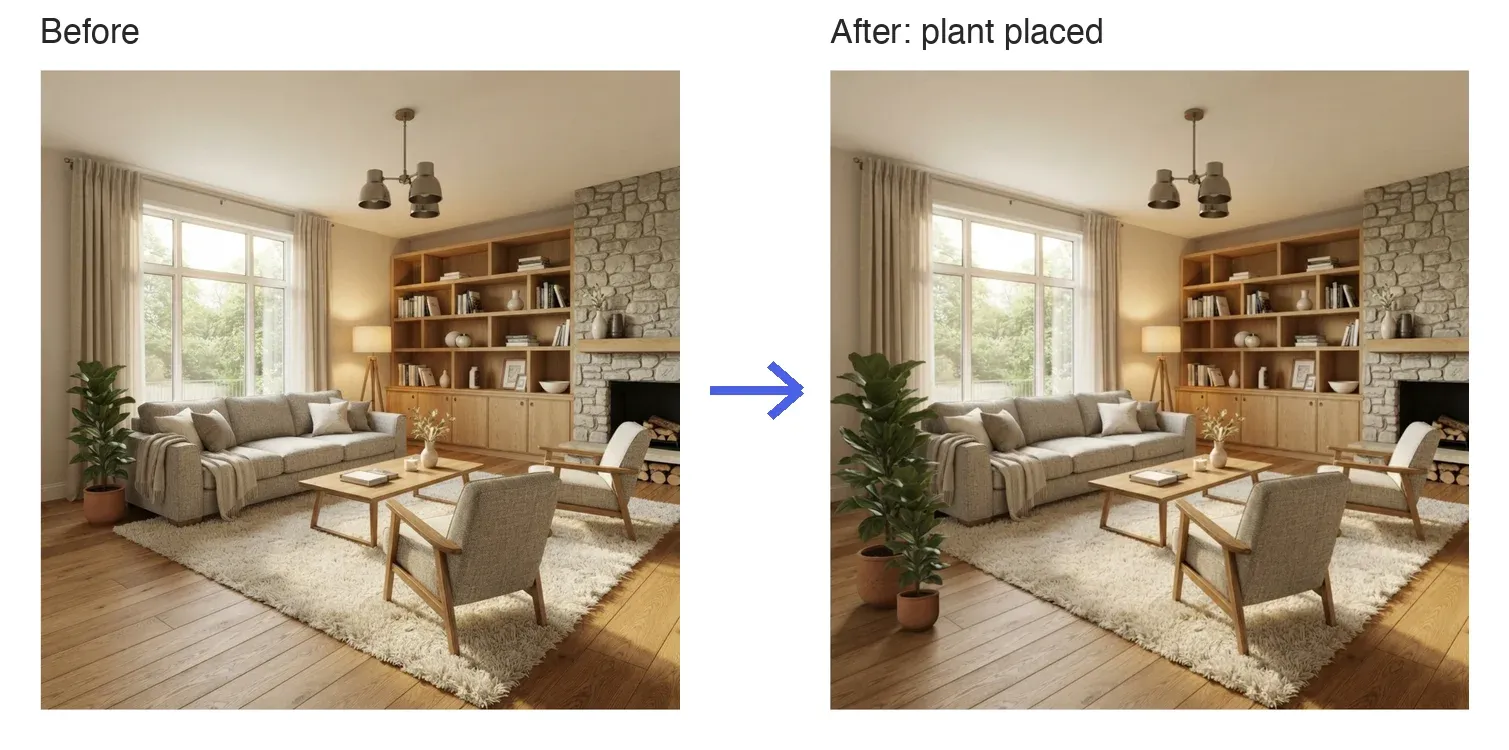 Before and after: a potted plant placed beside the sofa and blended into the room