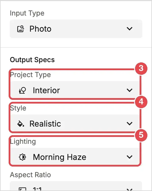 Steps 3 to 5: Project Type, Style and Lighting in the Output Specs