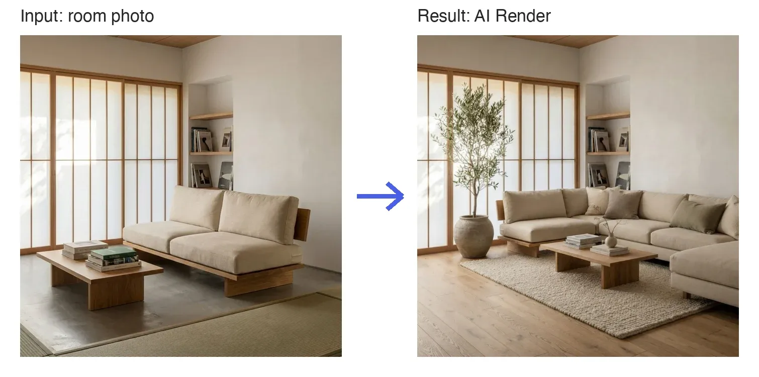 Input: a room photo. Result: the photorealistic rendering created from it