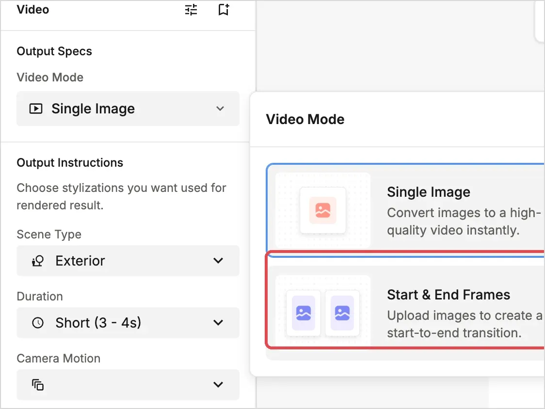 Step 2: Start & End Frames in the Video Mode menu