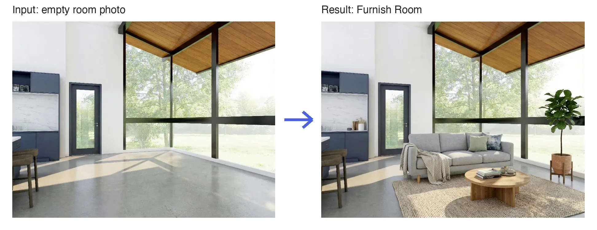 Input: an empty room photo. Result: the room furnished with Furnish Room
