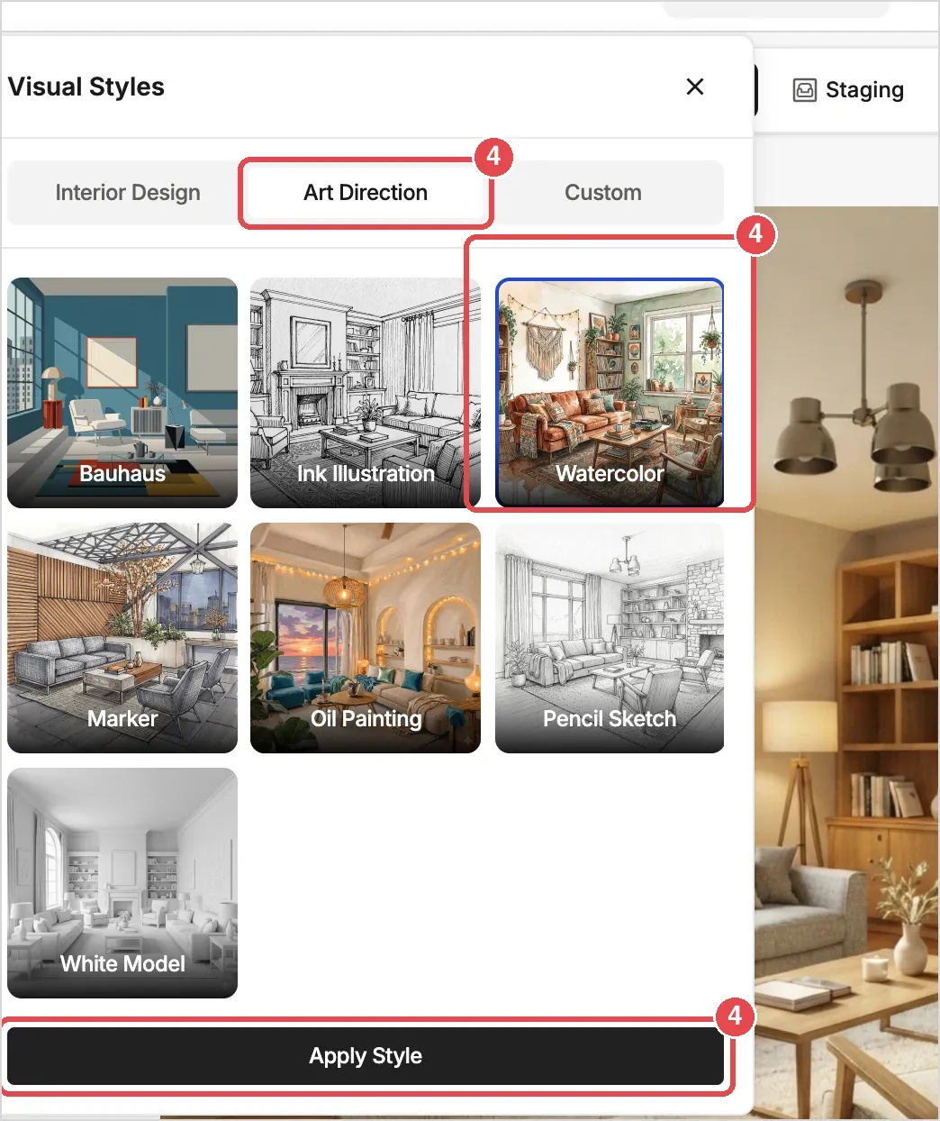 Step 4: the Art Direction tab, the Watercolor style and the Apply Style button