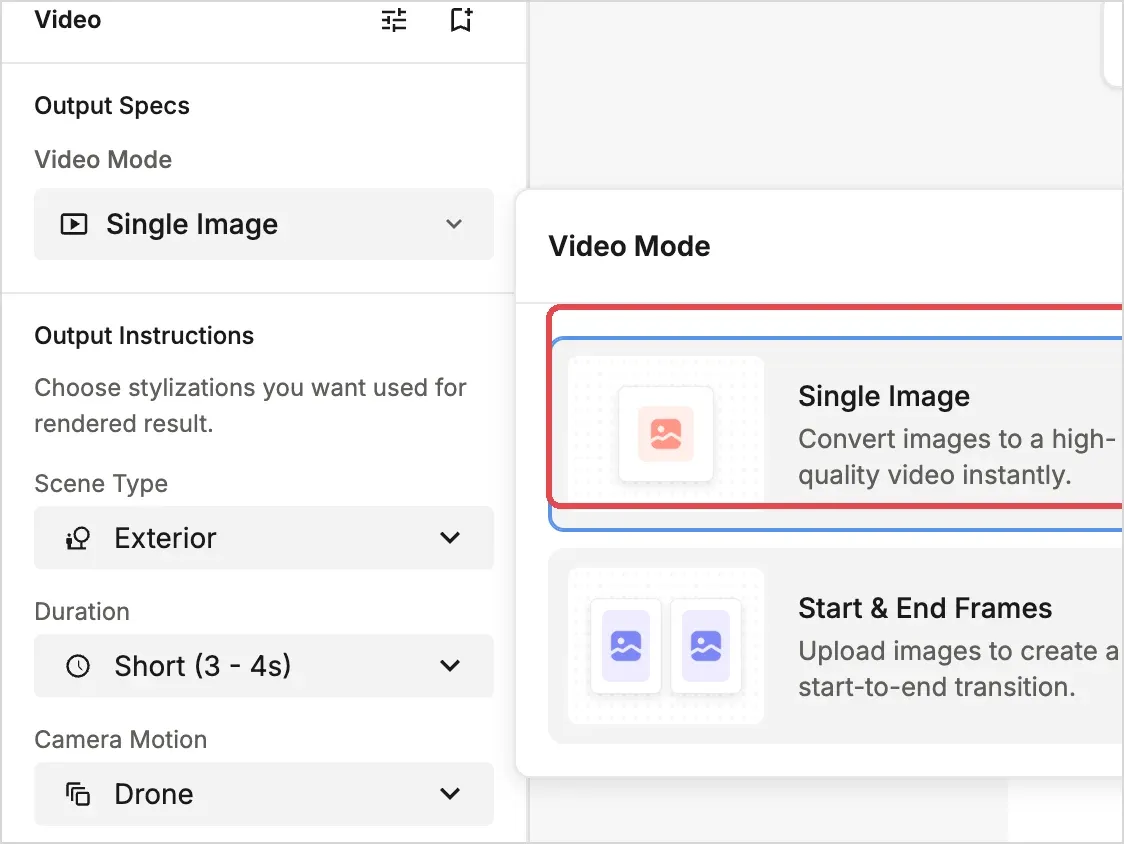 Step 3: Single Image in the Video Mode menu