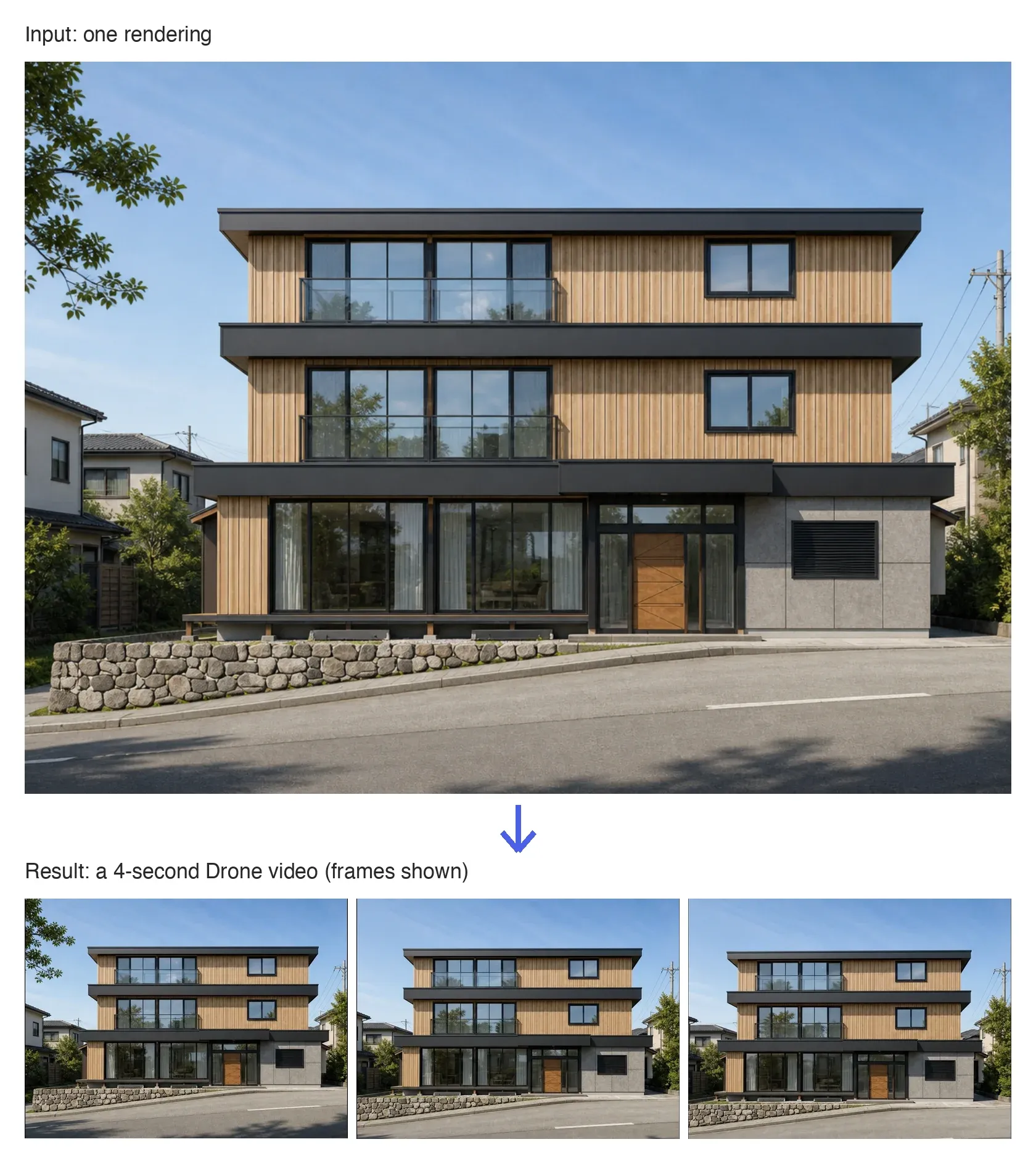 Input: one exterior rendering. Result: frames from the 4-second video generated from it