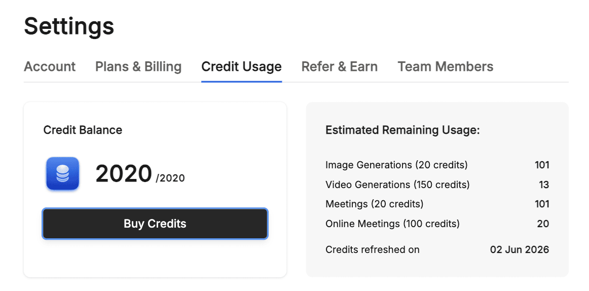 Navigate to Settings > Credit Usage and Click on Buy Credits Button